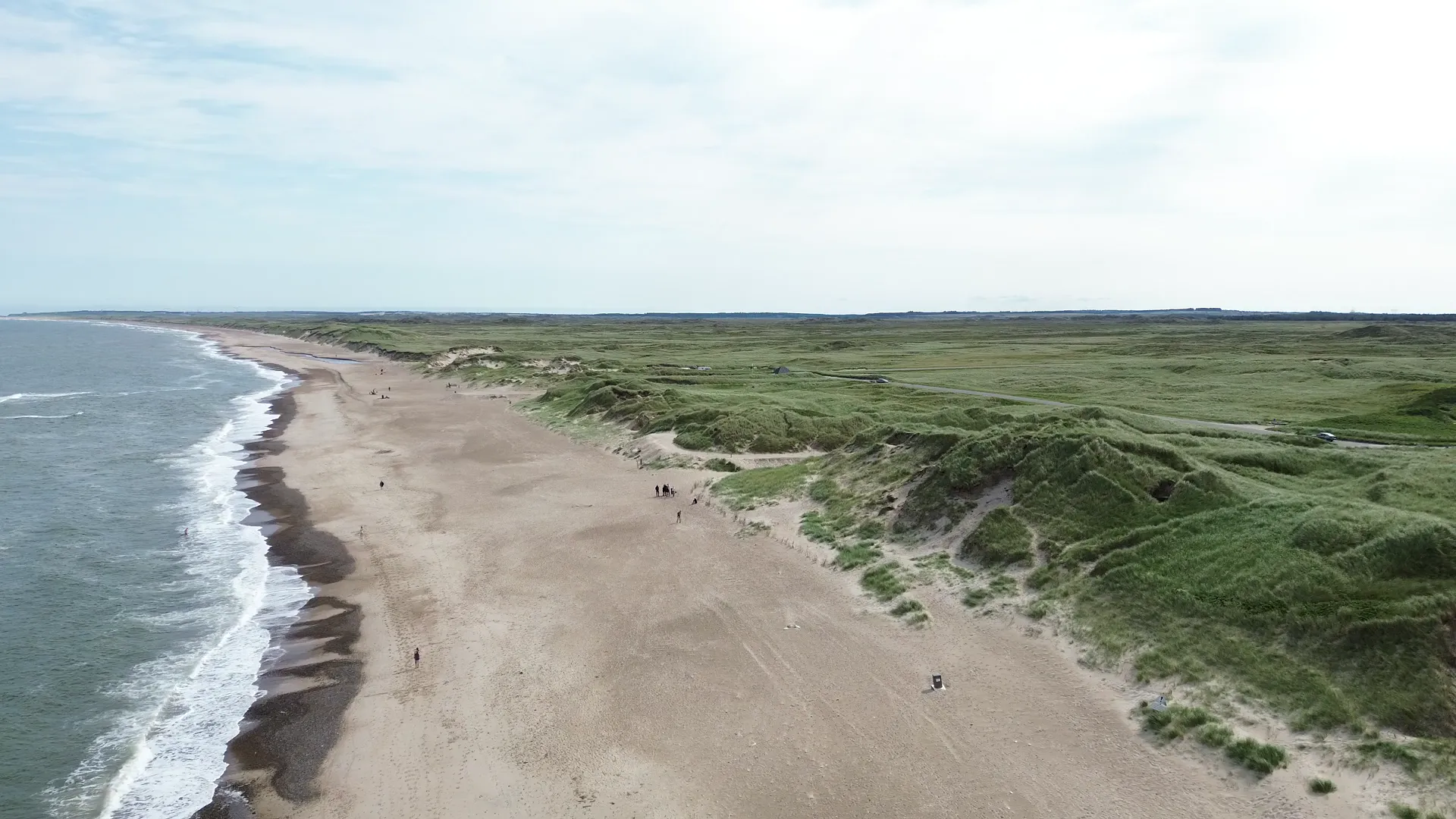 Blick über Strand, Meer und grüne Küstendünen