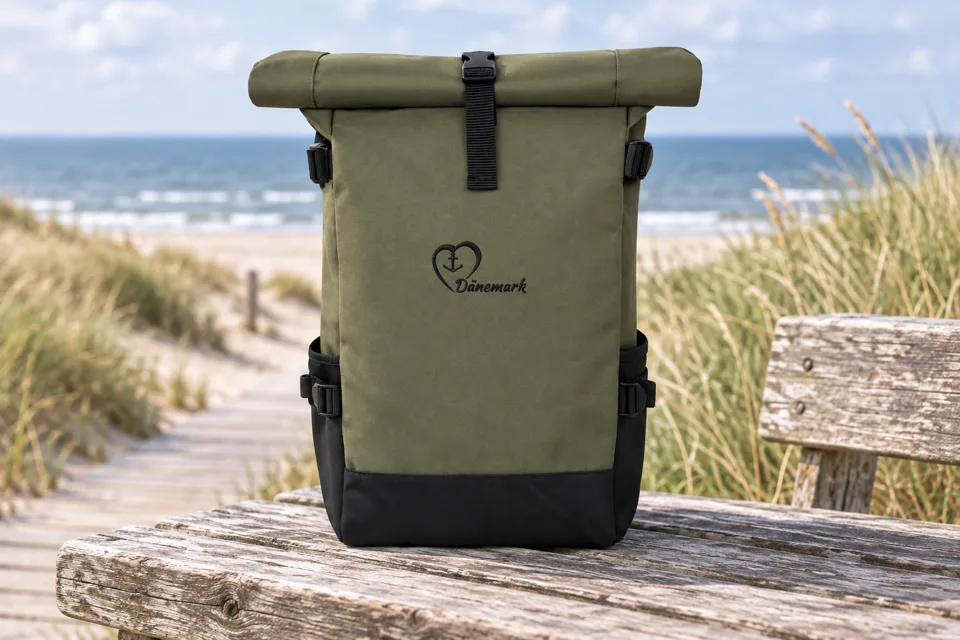 Olivgrüner Rolltop-Rucksack mit Herz-und-Anker-Motiv auf einer Holzbank an der Küste