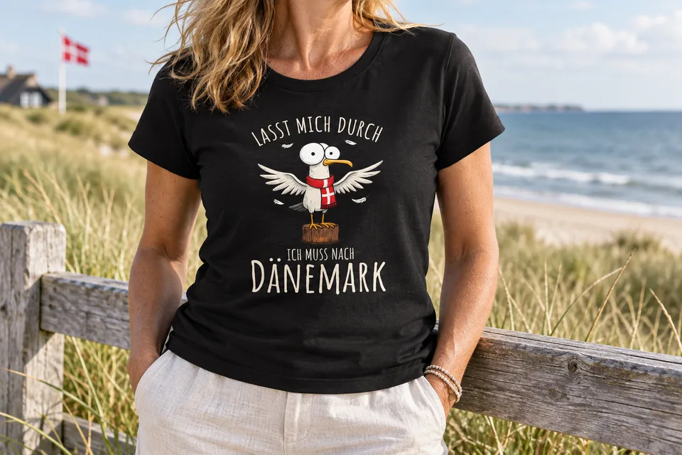 Schwarzes Möwen-Shirt an der Küste