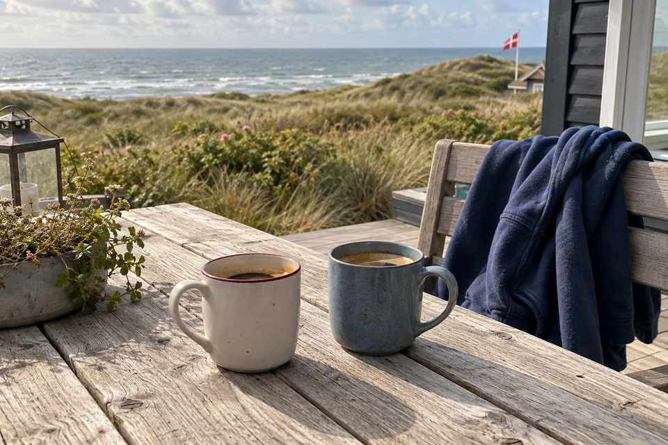 Hygge-Stimmungsbild: zwei Kaffeetassen und ein abgelegter Hoodie auf einer Terrasse an der dänischen Küste